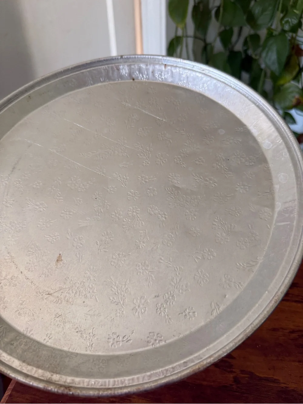 Embossed Silver Round Serving Tray with flowers lightweight
